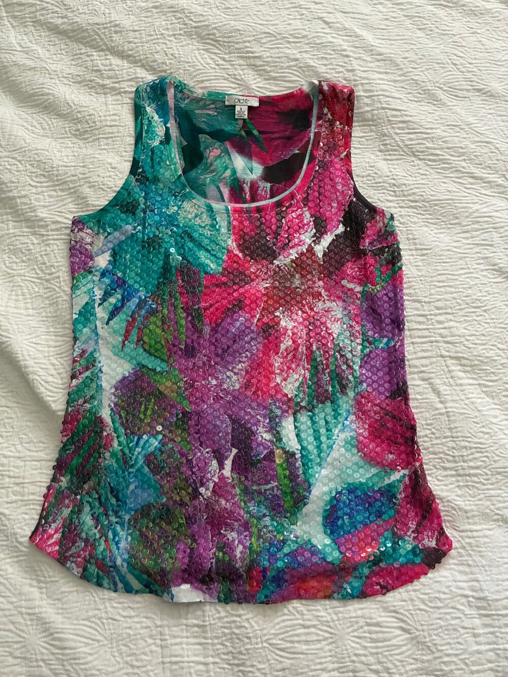 Caché Tank Top Sequins and Tropical Print, Malibu Barbie, women's S